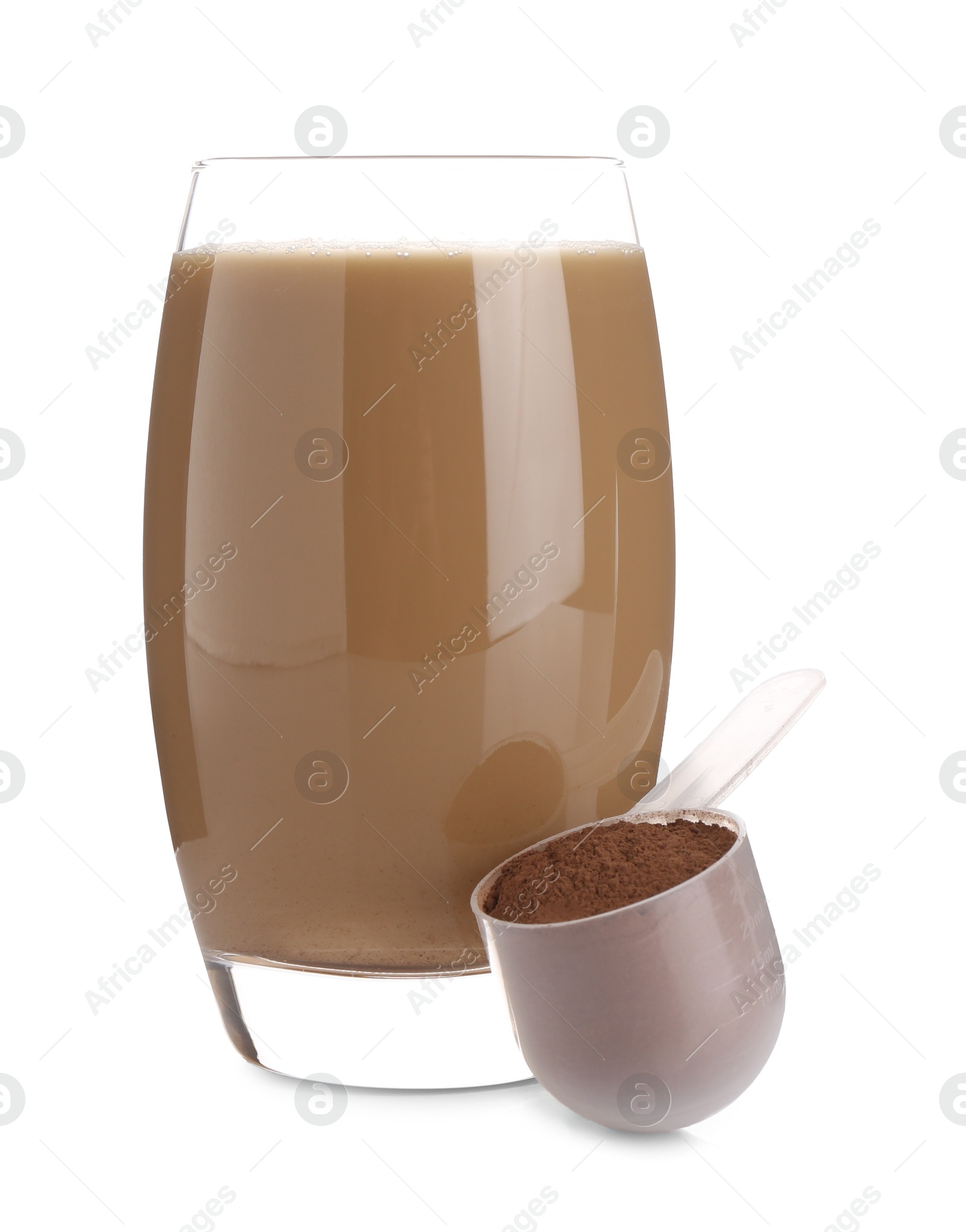 Photo of Delicious protein shake in glass and scoop with powder isolated on white