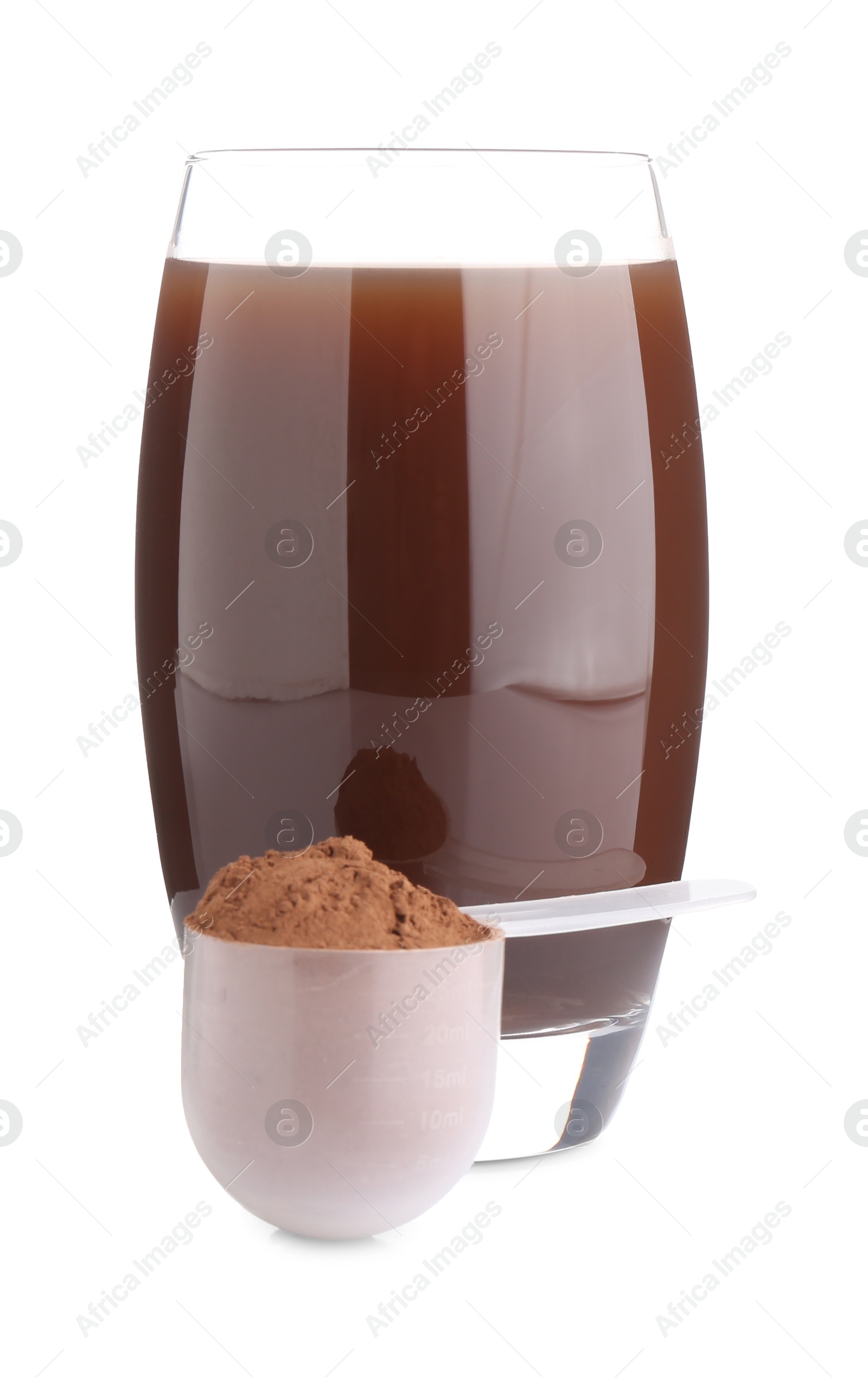 Photo of Delicious protein shake in glass and scoop with powder isolated on white