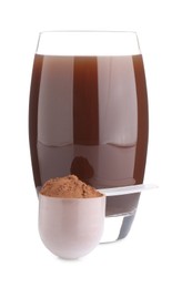 Delicious protein shake in glass and scoop with powder isolated on white