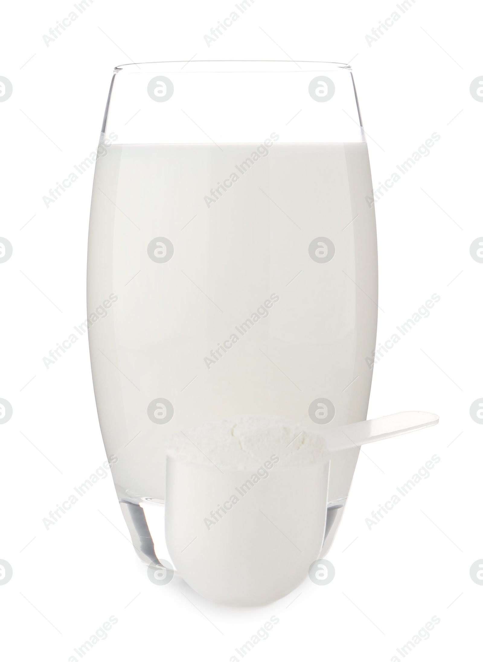 Photo of Delicious protein shake in glass isolated on white