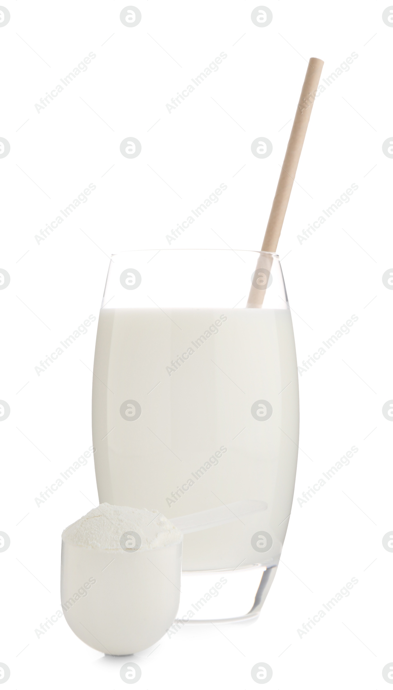 Photo of Delicious protein shake in glass and scoop with powder isolated on white