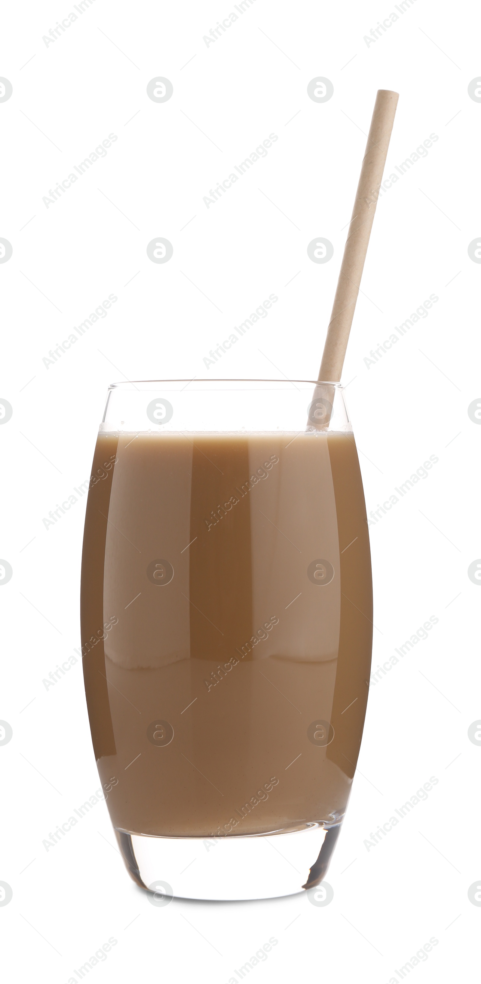 Photo of Delicious protein shake in glass isolated on white