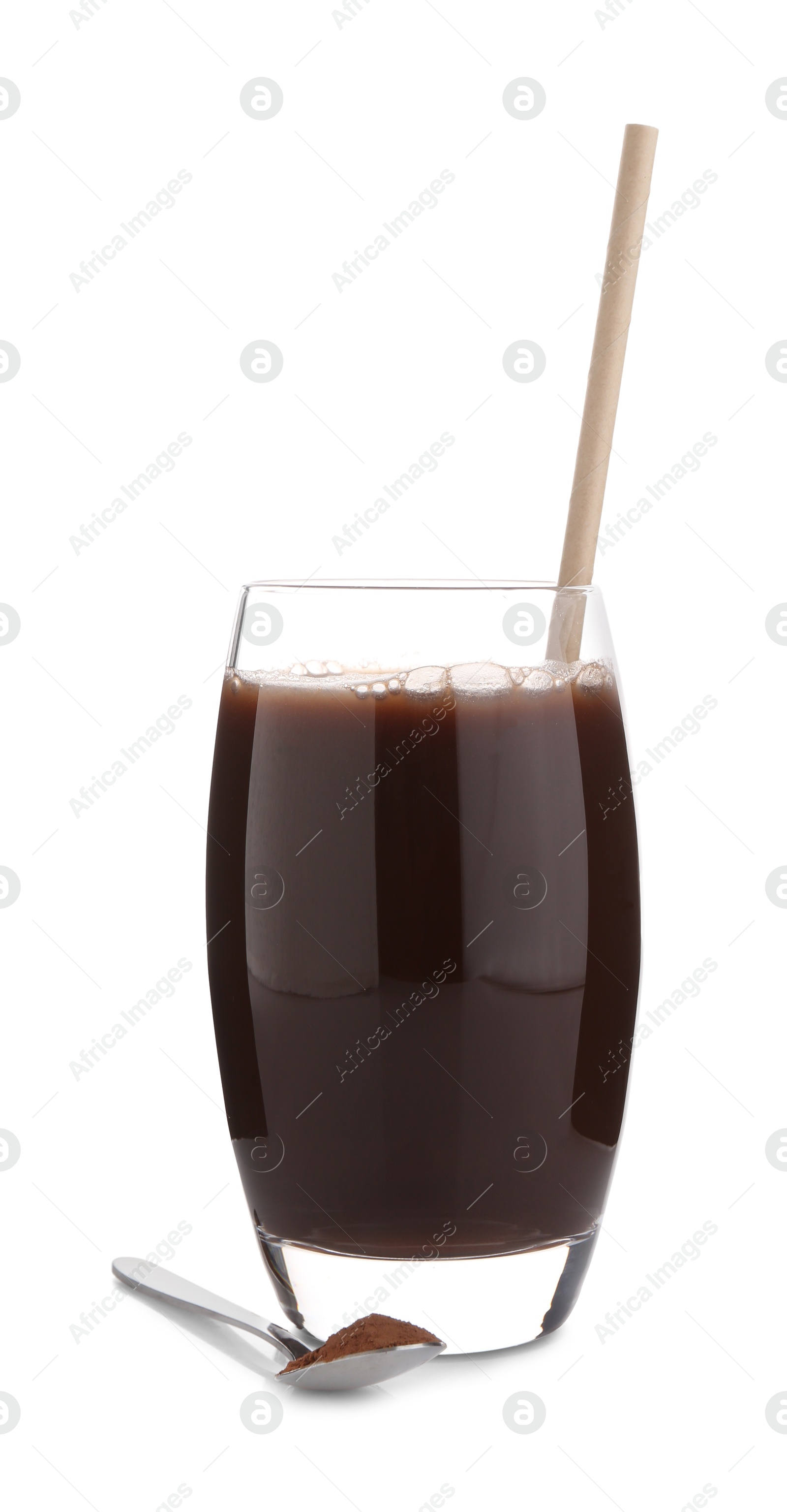 Photo of Delicious protein shake in glass and spoon with powder isolated on white