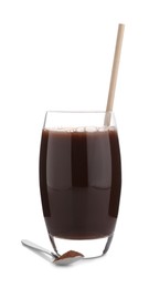 Delicious protein shake in glass and spoon with powder isolated on white