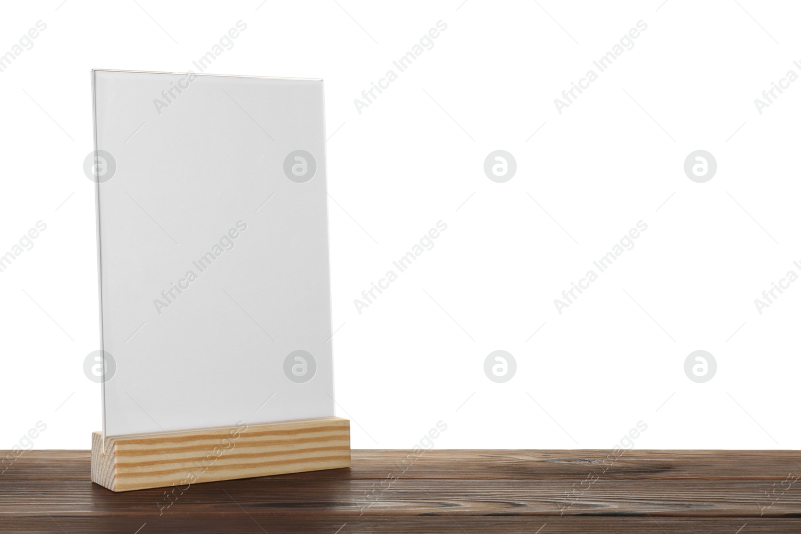 Photo of Menu holder on wooden table against white background. Space for text