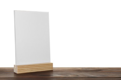 Photo of Menu holder on wooden table against white background. Space for text