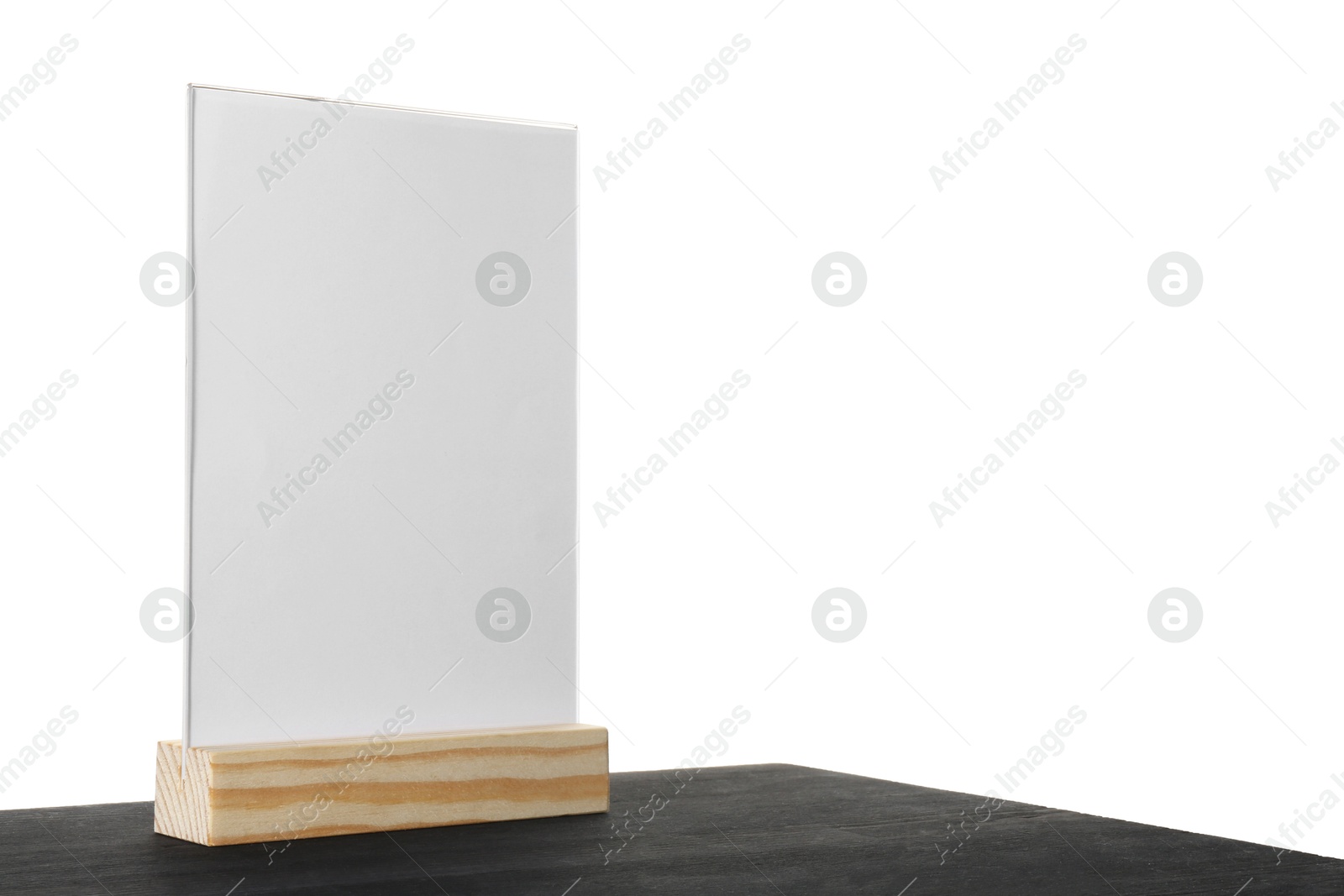 Photo of Menu holder on black wooden table against white background. Space for text