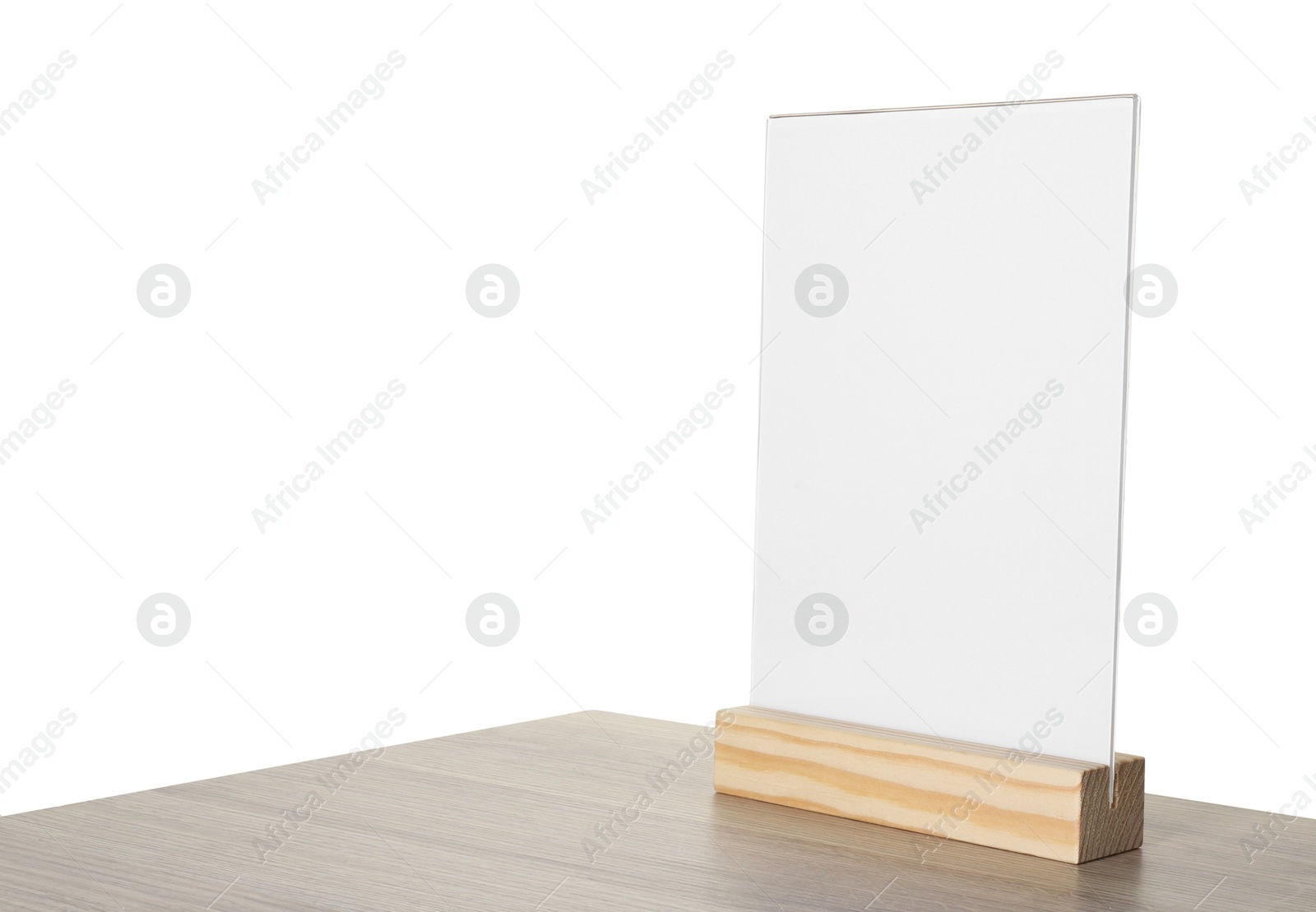 Photo of Menu holder on wooden table against white background. Space for text