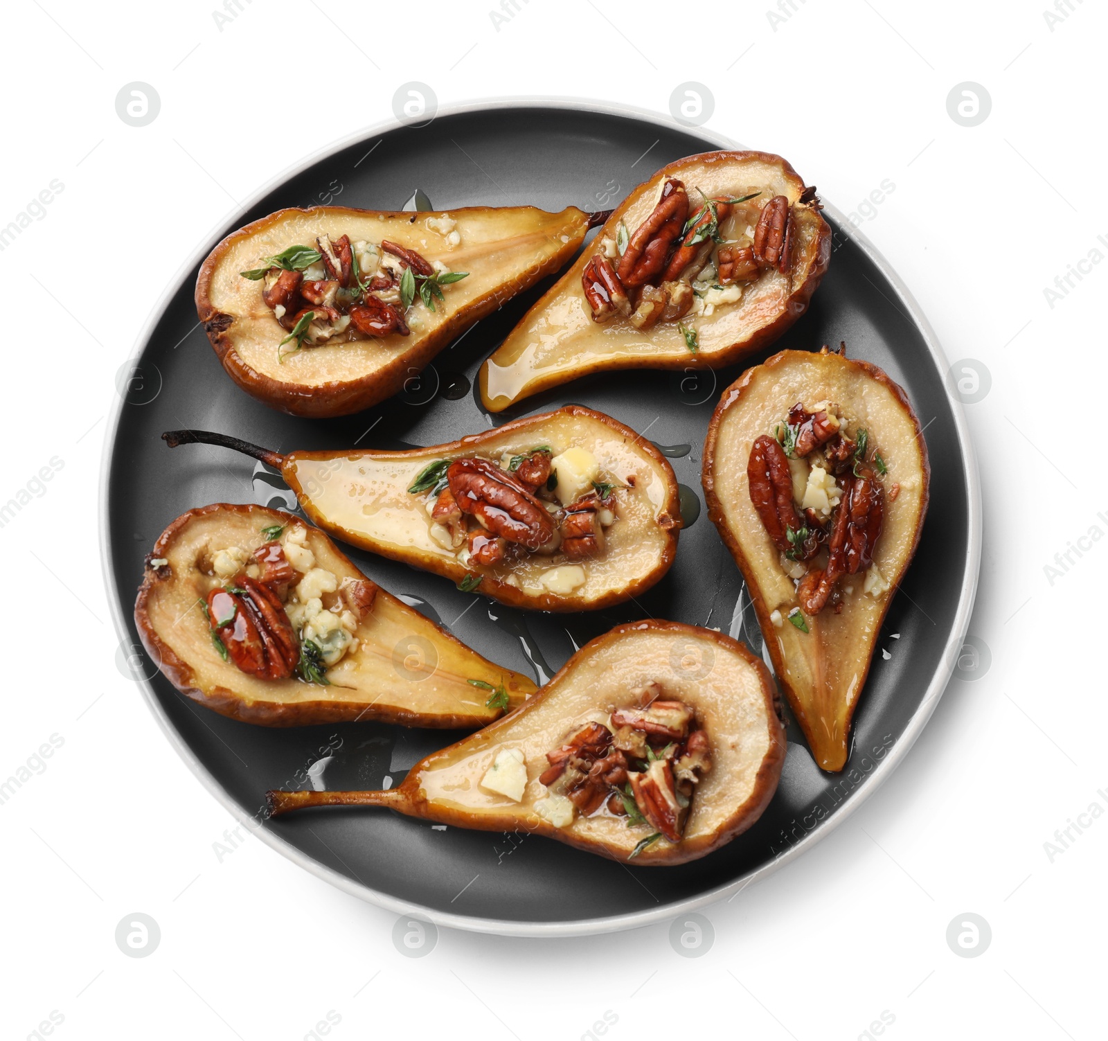 Photo of Delicious baked pears with nuts, blue cheese and honey isolated on white, top view