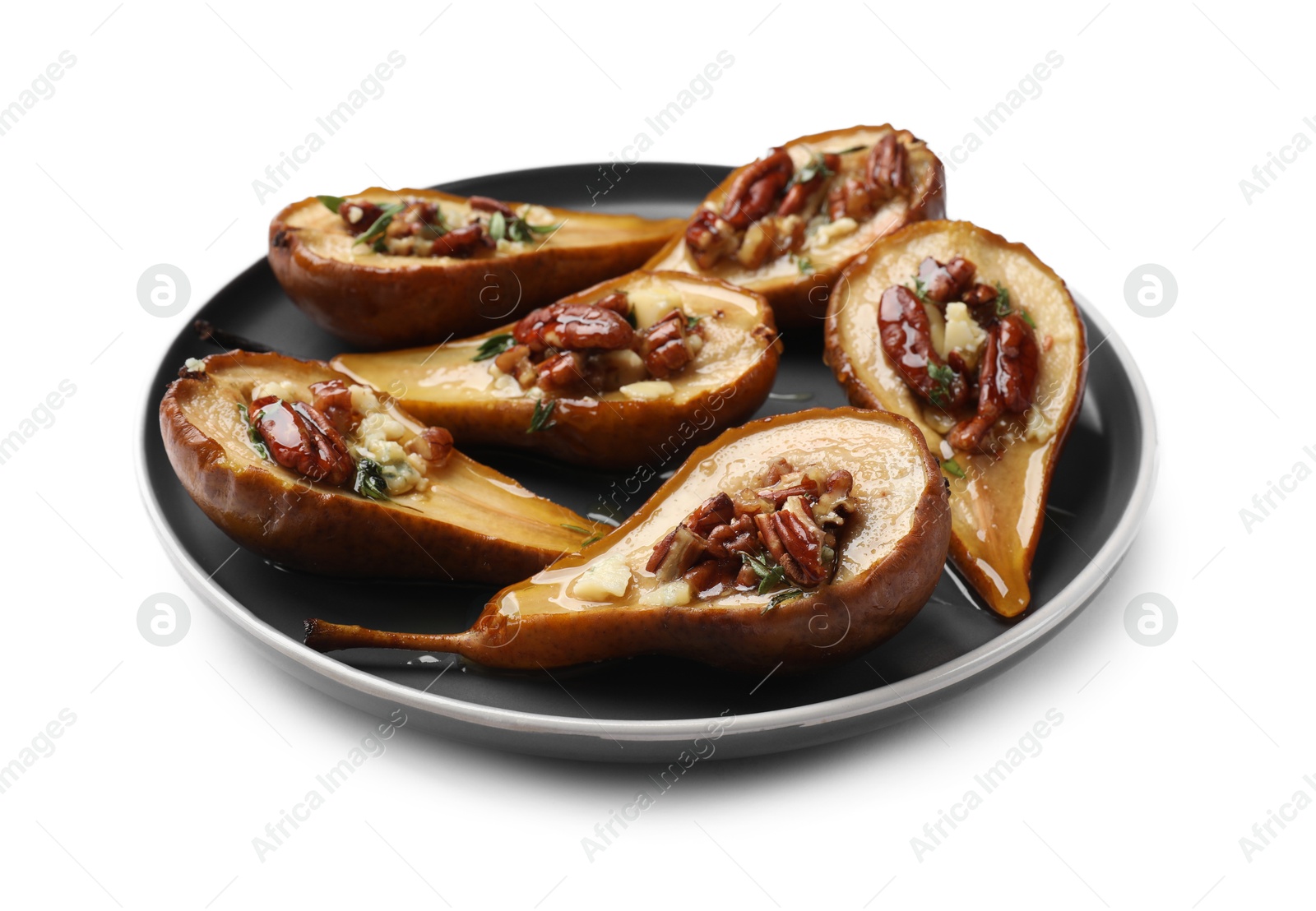 Photo of Delicious baked pears with nuts, blue cheese and honey isolated on white