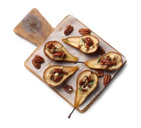 Photo of Delicious baked pears with nuts, blue cheese and honey isolated on white, top view