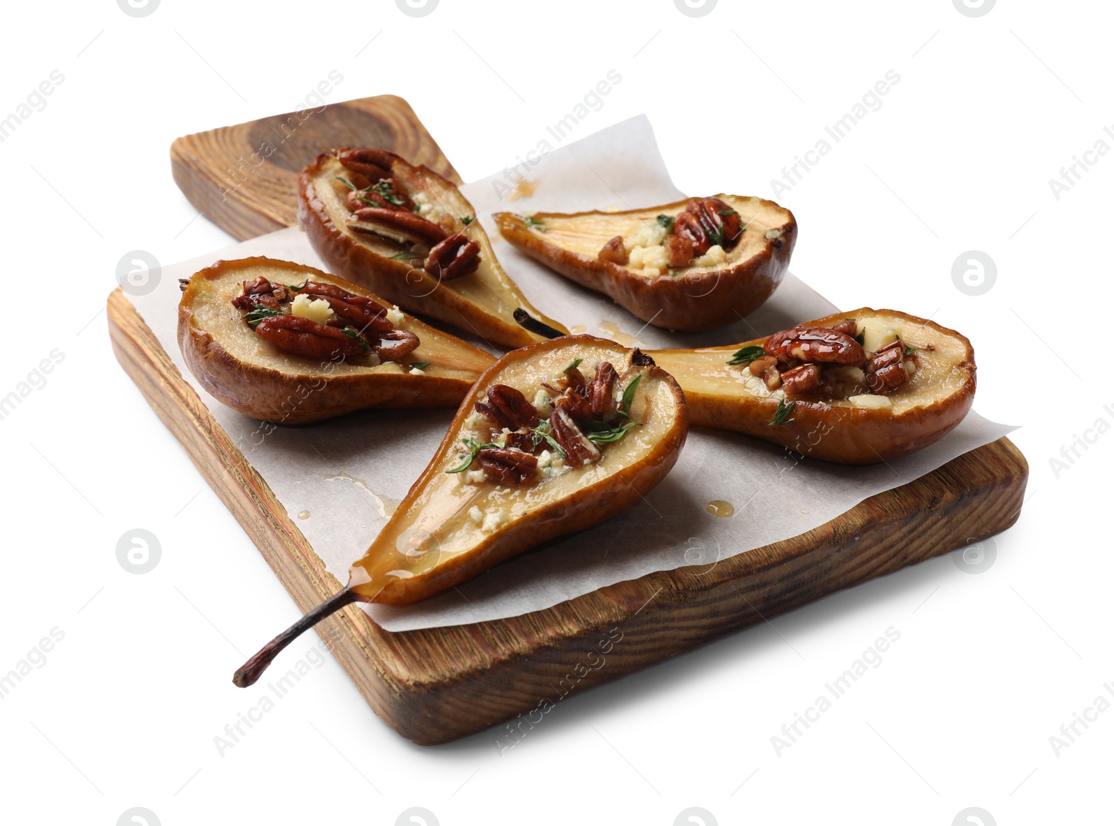 Photo of Delicious baked pears with nuts, blue cheese and honey isolated on white