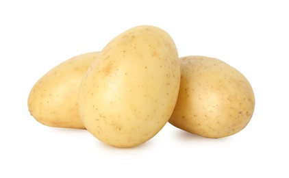 Photo of Three young fresh potatoes isolated on white