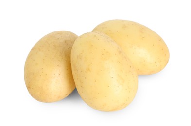 Photo of Three young fresh potatoes isolated on white