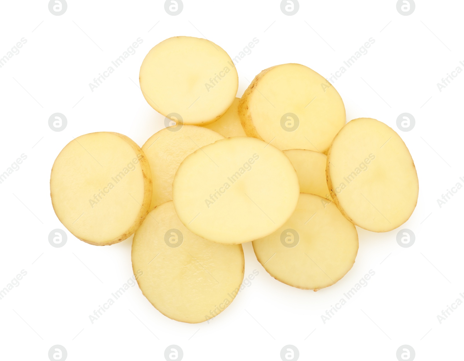 Photo of Pile of fresh cut potato isolated on white, top view