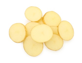 Photo of Pile of fresh cut potato isolated on white, top view