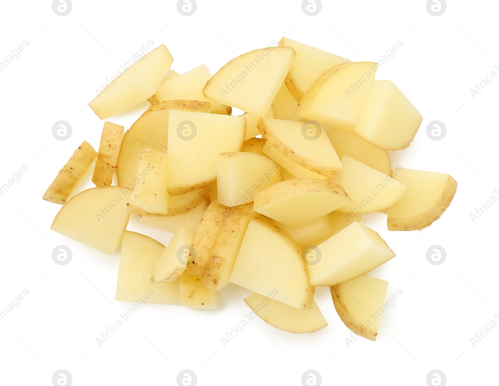 Photo of Pile of fresh cut potato isolated on white, top view