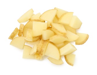 Photo of Pile of fresh cut potato isolated on white, top view