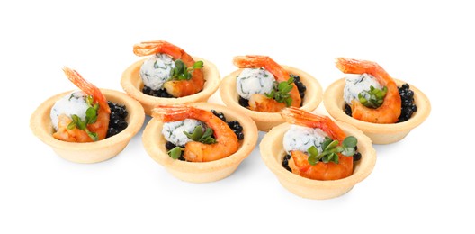 Photo of Delicious canapes with shrimps and black caviar isolated on white