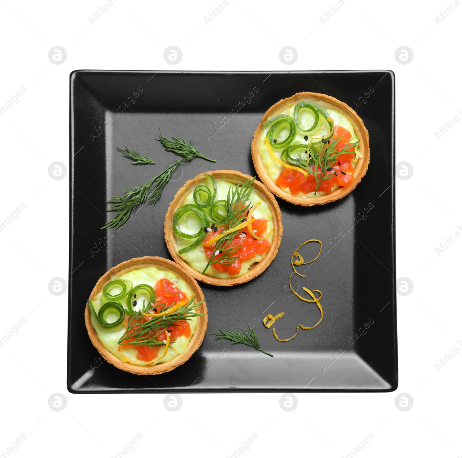 Photo of Delicious canapes with salmon isolated on white, top view