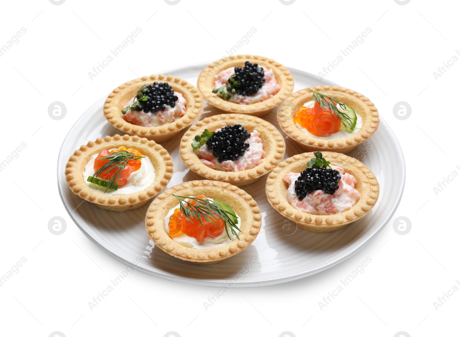 Photo of Delicious canapes with salmon and caviar isolated on white