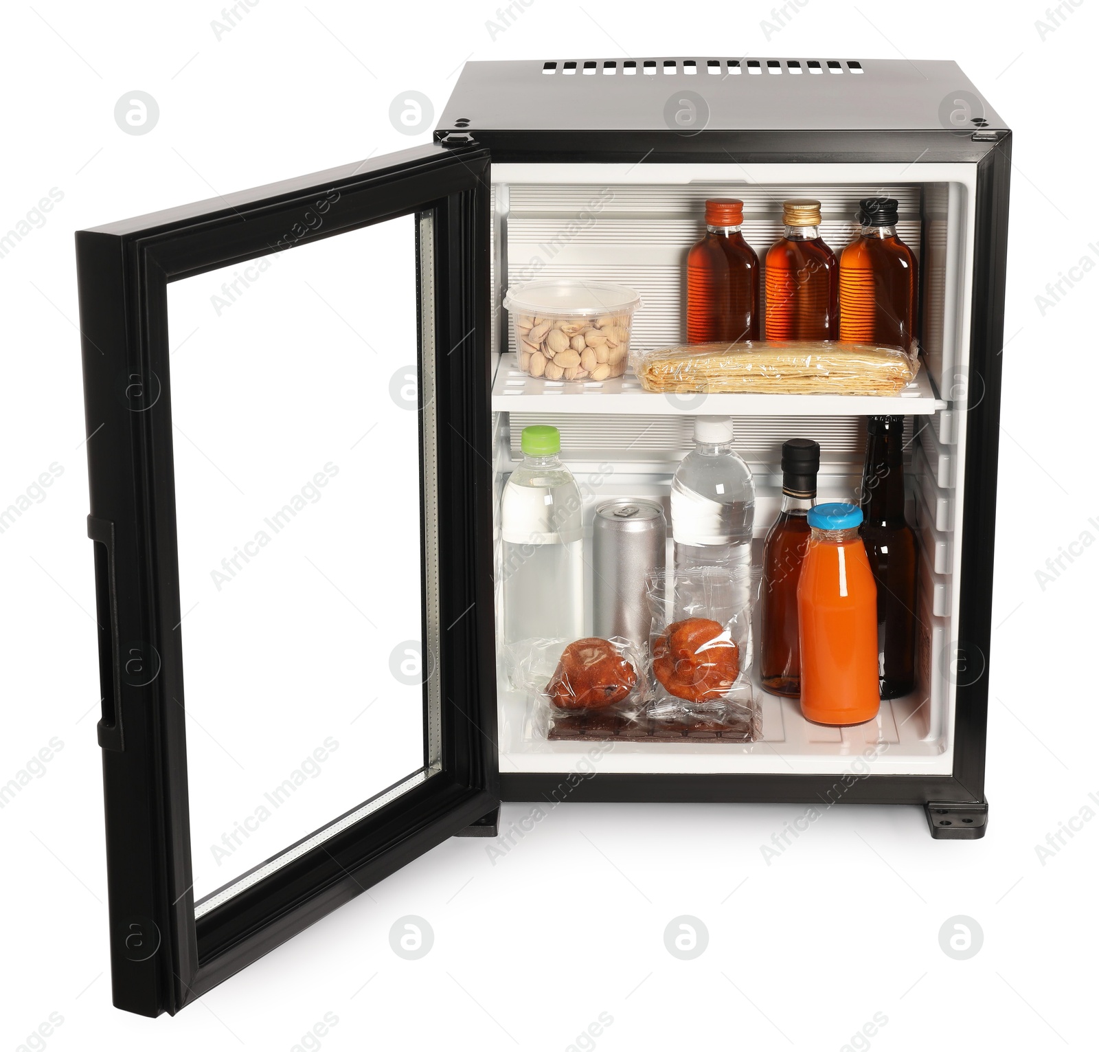 Photo of Mini refrigerator with drinks and snacks isolated on white