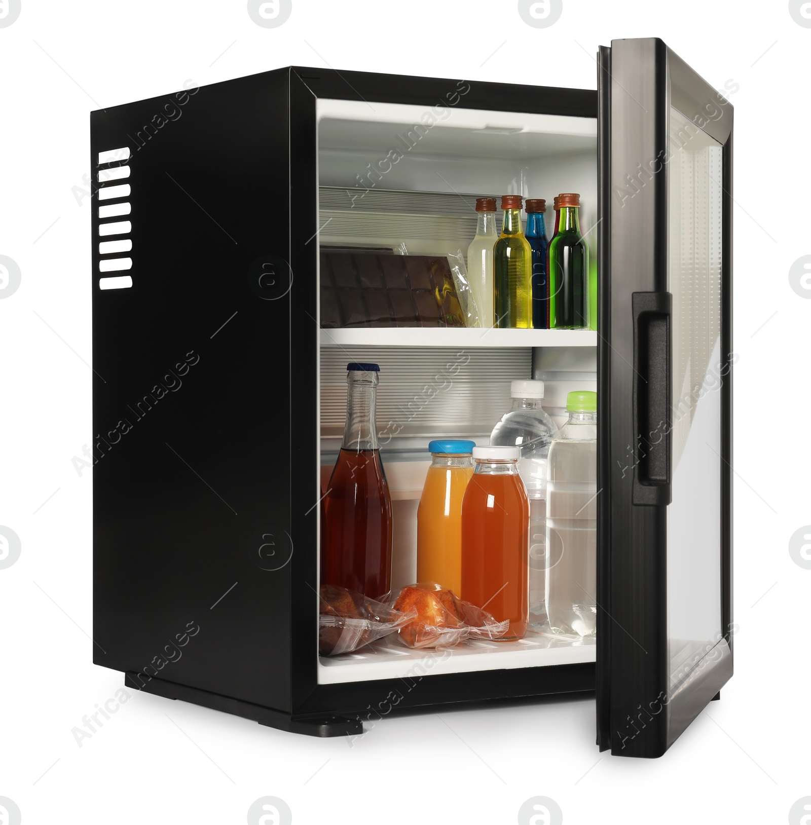 Photo of Mini refrigerator with drinks and snacks isolated on white