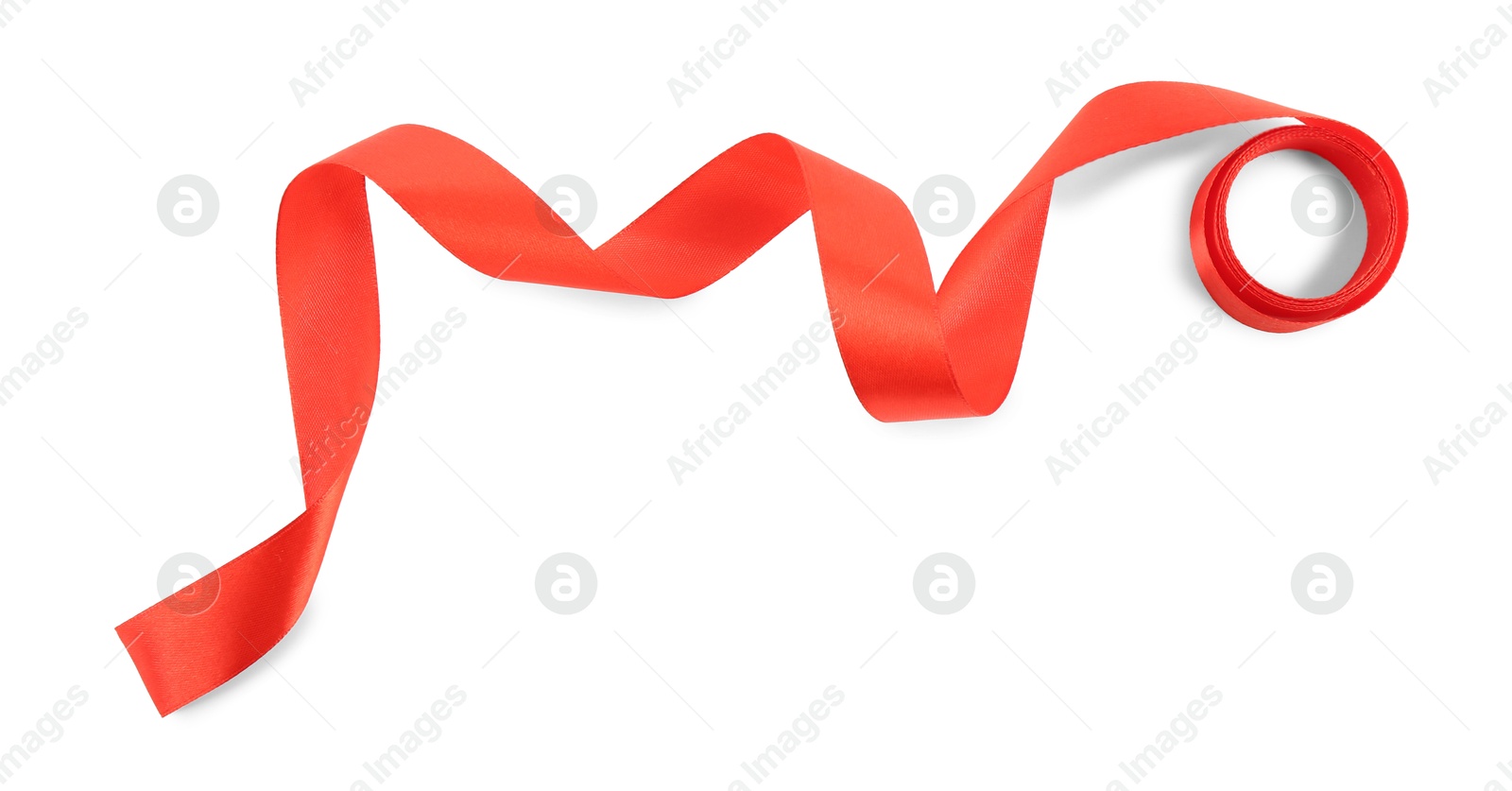 Photo of One beautiful red ribbon isolated on white, top view