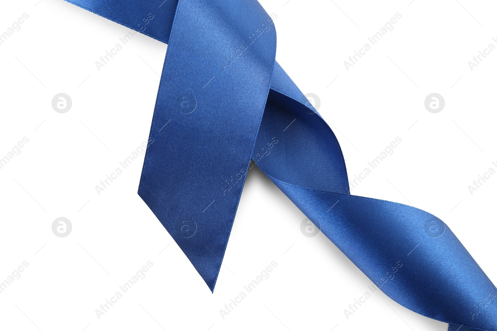 Photo of One beautiful blue ribbon isolated on white, top view