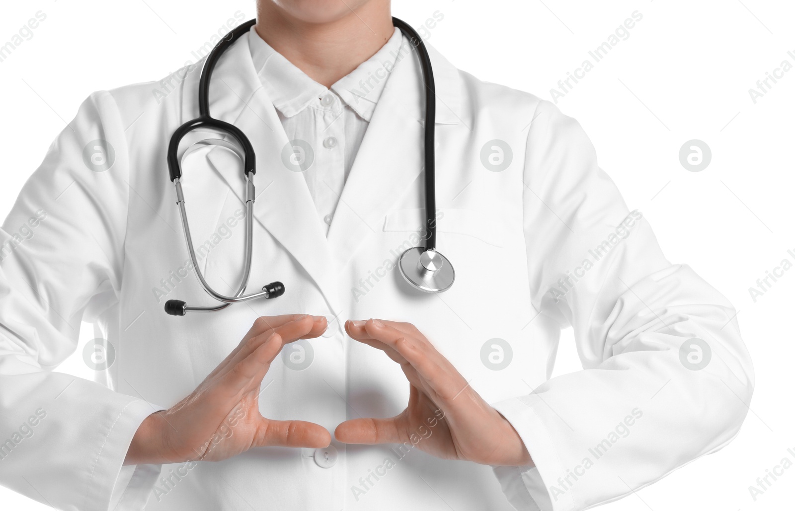 Photo of Doctor holding something on white background, closeup