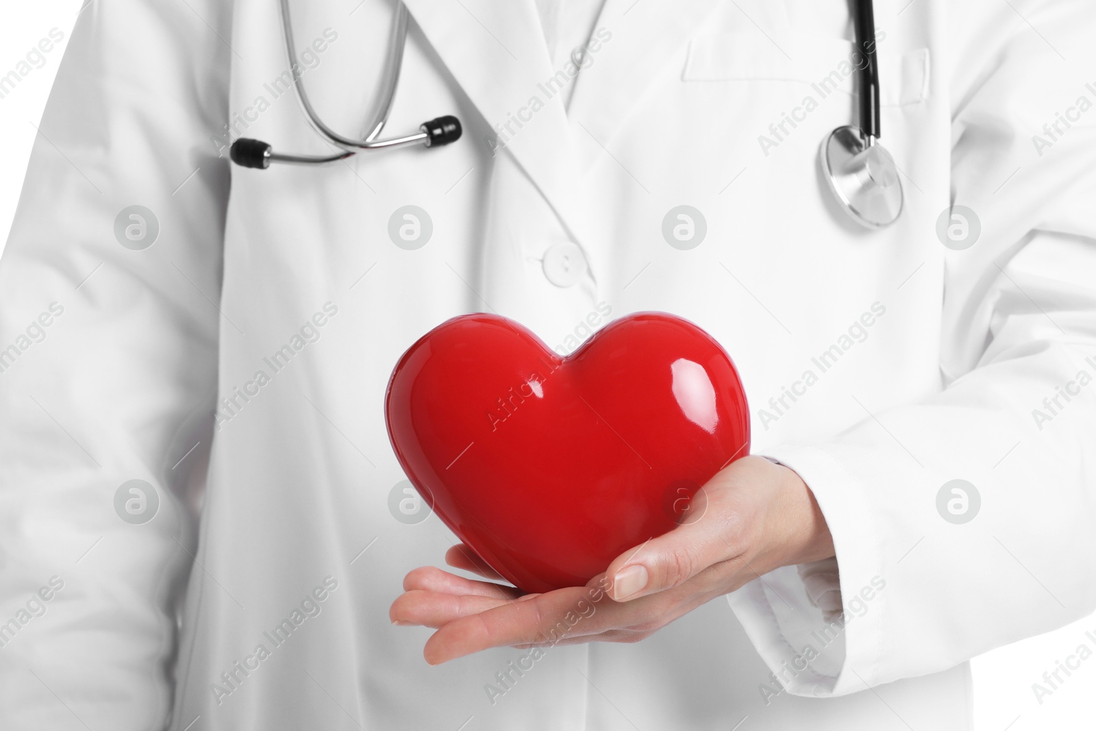 Photo of Doctor with stethoscope and red heart, closeup