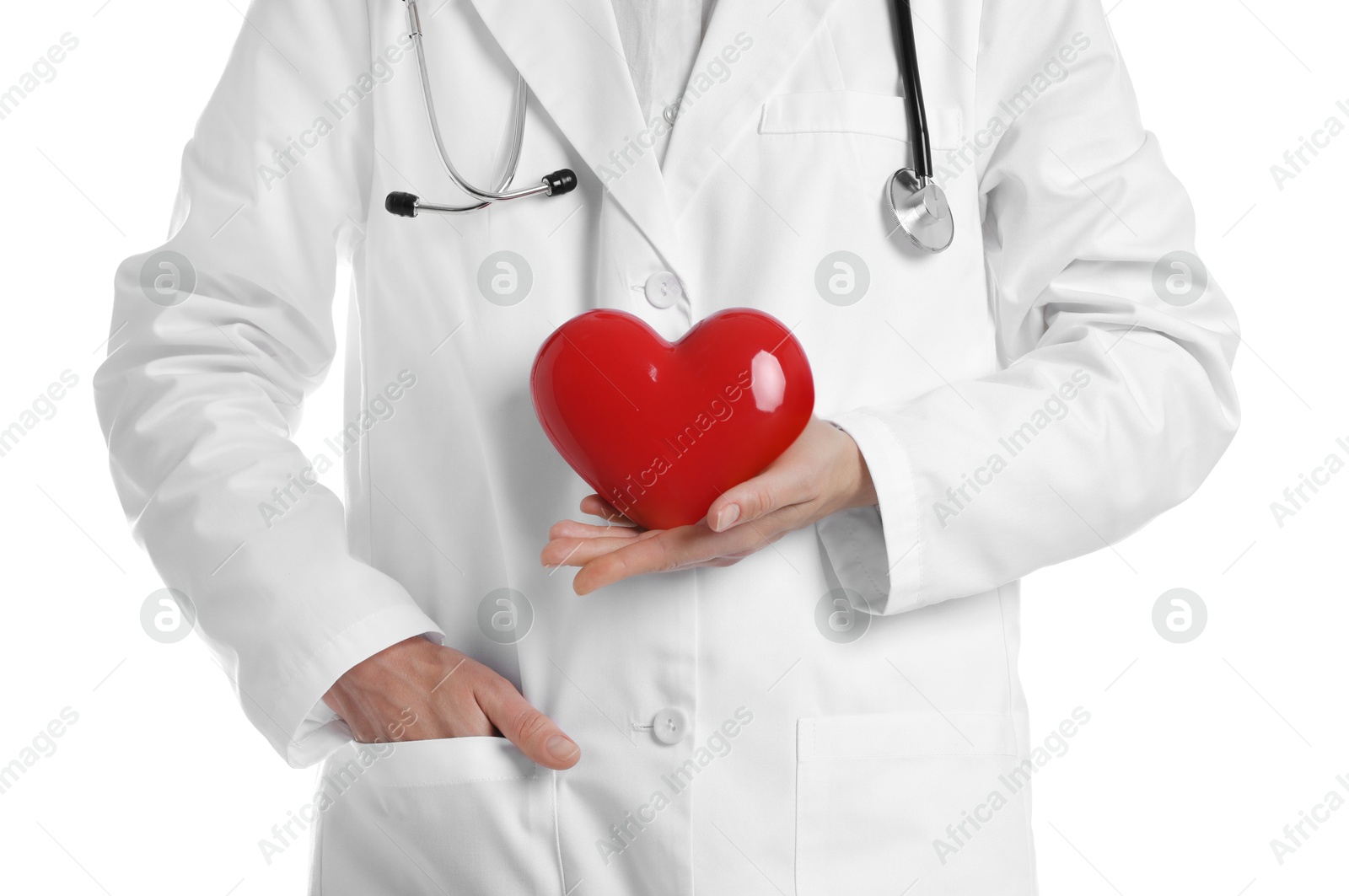 Photo of Doctor with red heart on white background, closeup