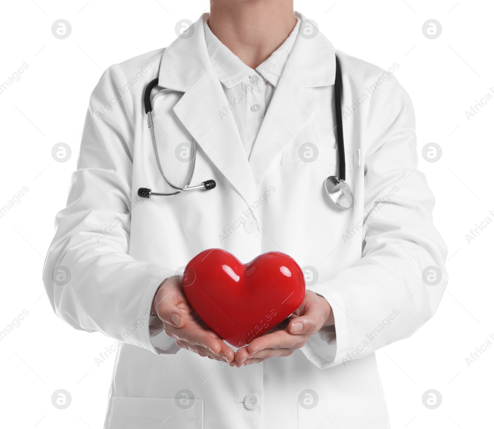 Photo of Doctor with red heart on white background, closeup