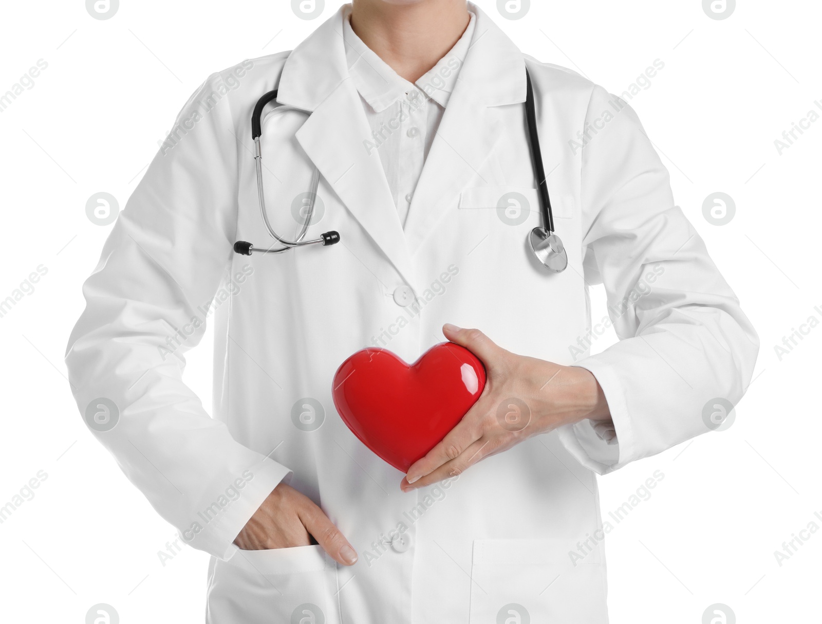 Photo of Doctor with red heart on white background, closeup