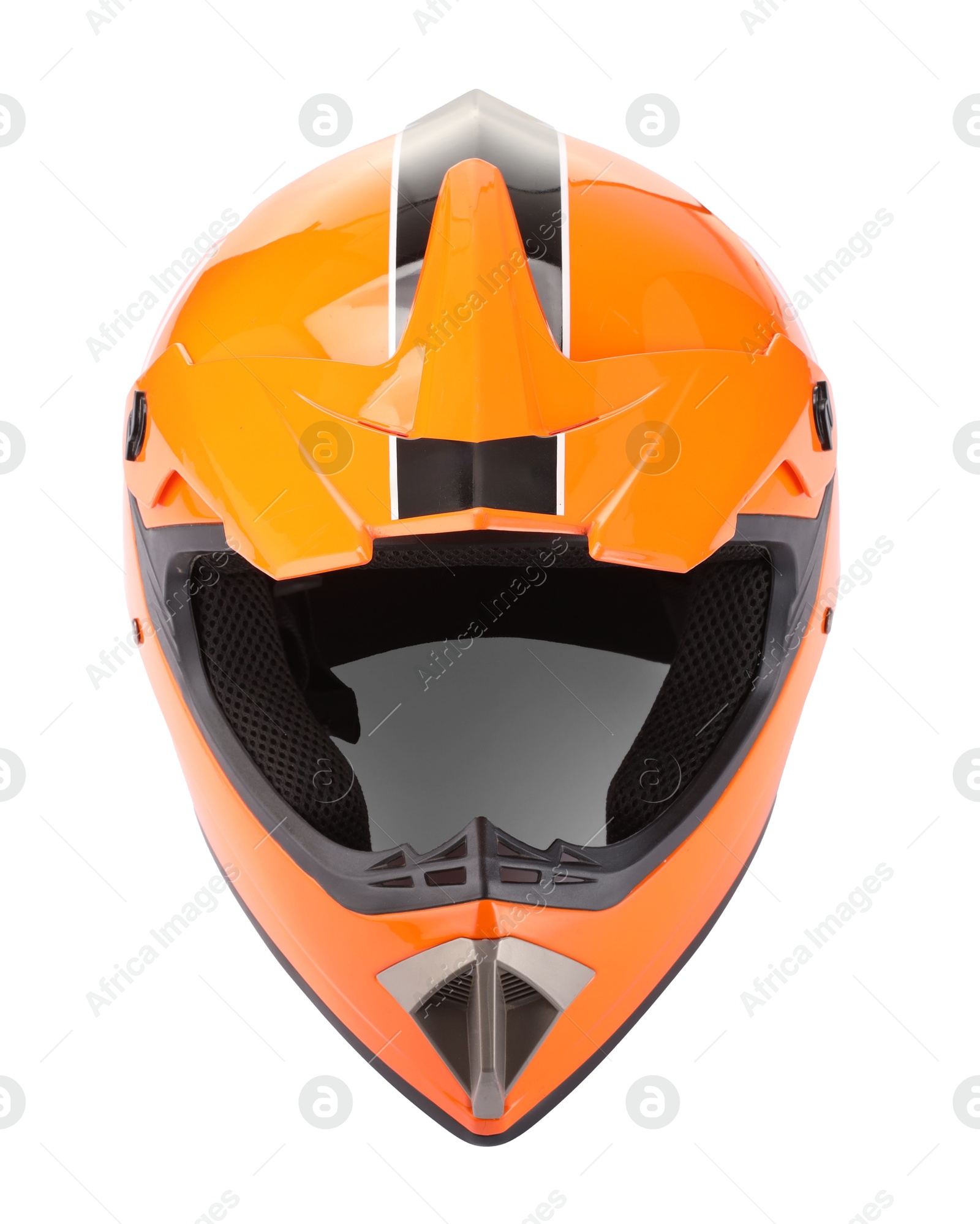 Photo of Modern orange motorcycle helmet isolated on white