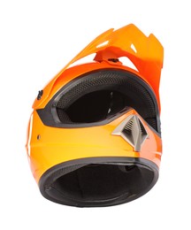 Photo of Modern orange motorcycle helmet isolated on white