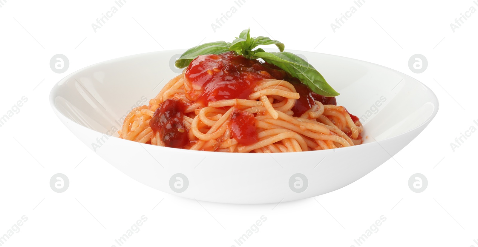 Photo of Delicious pasta with tomato sauce and basil in bowl isolated on white