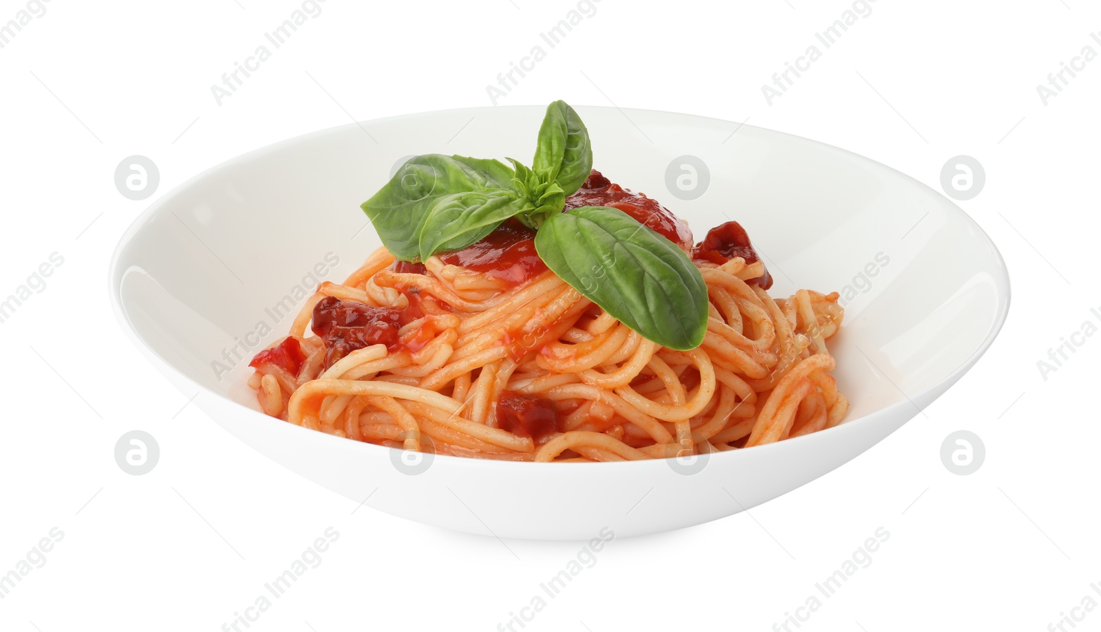 Photo of Delicious pasta with tomato sauce and basil in bowl isolated on white