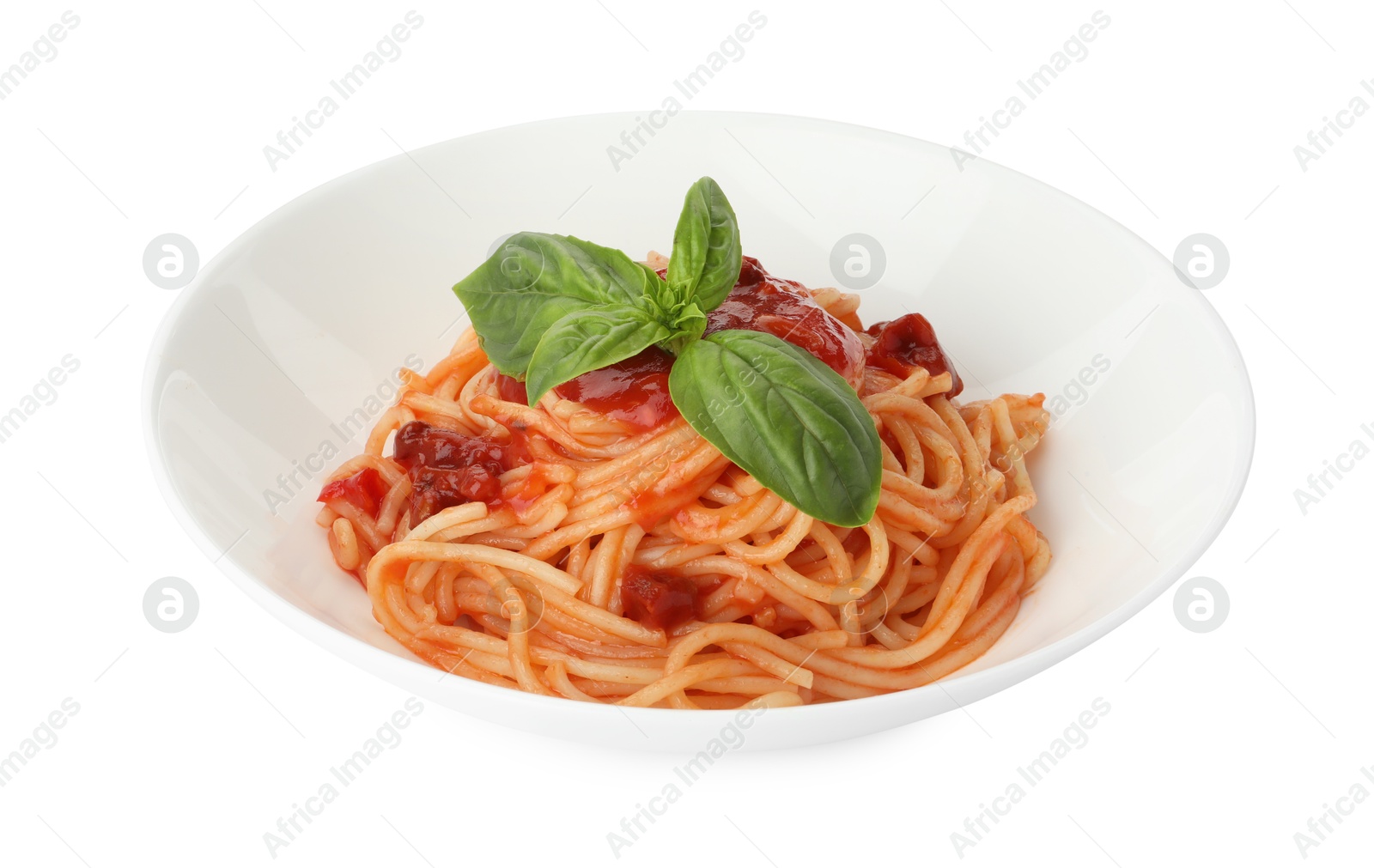 Photo of Delicious pasta with tomato sauce and basil in bowl isolated on white