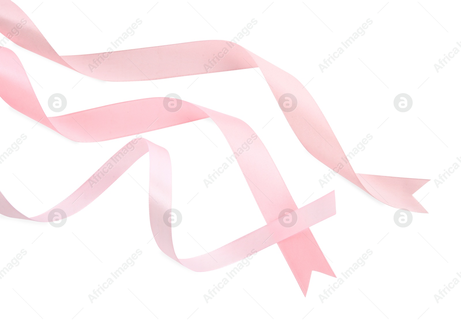 Photo of Beautiful pink silk ribbons isolated on white, top view