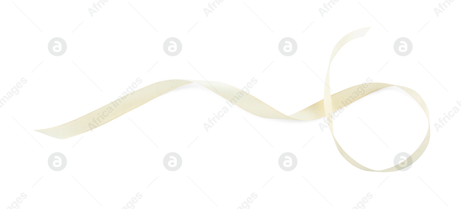 Photo of One beautiful beige ribbon isolated on white, top view