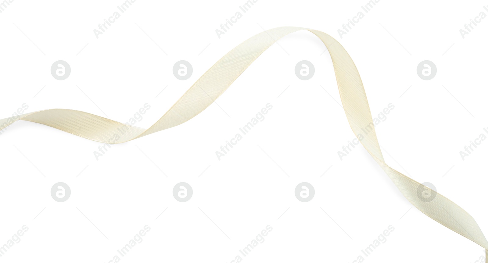 Photo of One beautiful beige ribbon isolated on white, top view