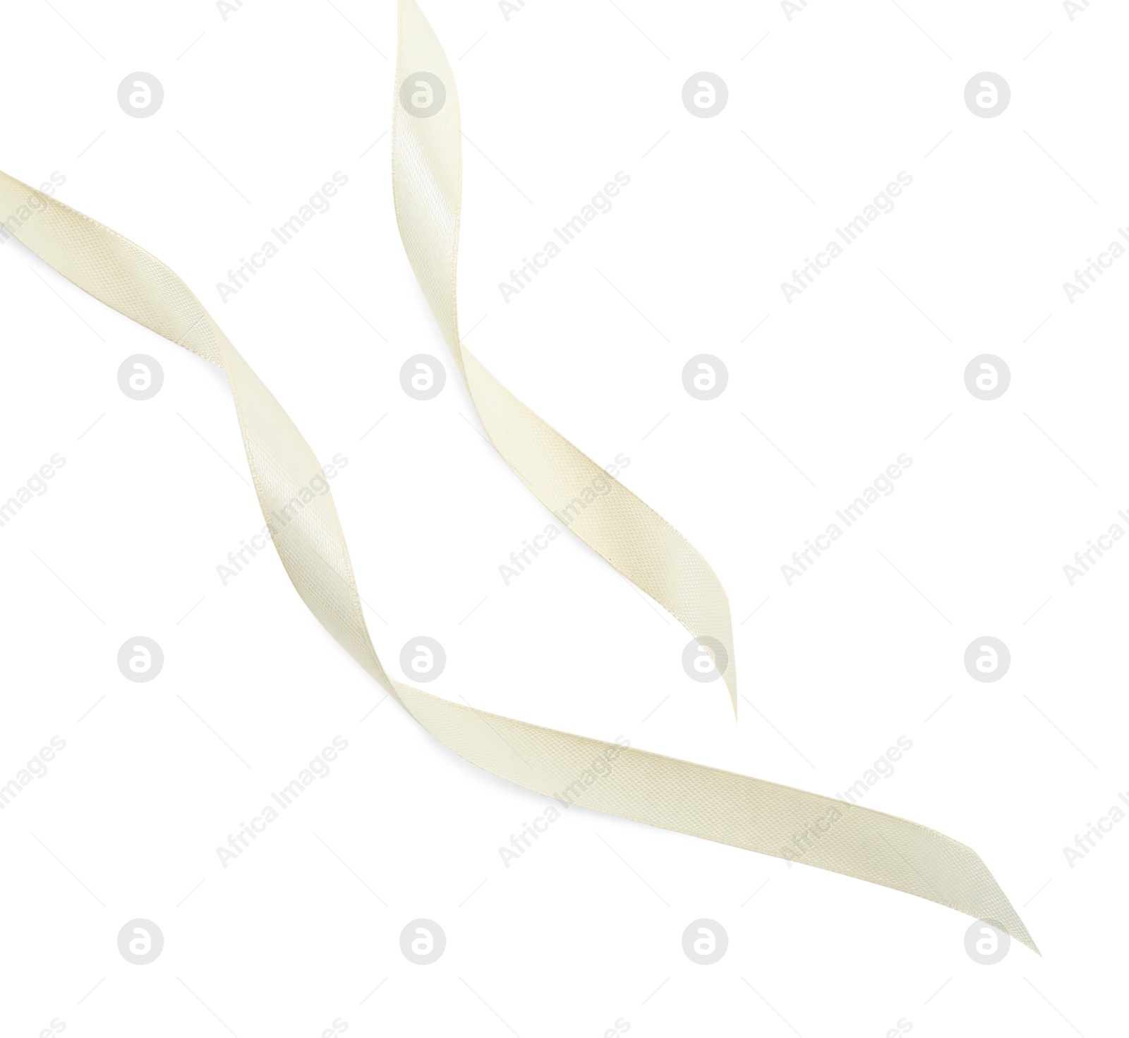 Photo of One beautiful beige ribbon isolated on white, top view