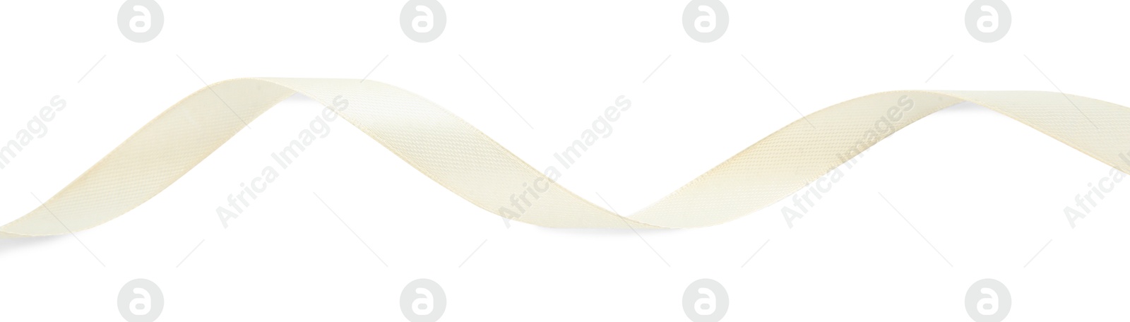 Photo of One beautiful beige ribbon isolated on white, top view