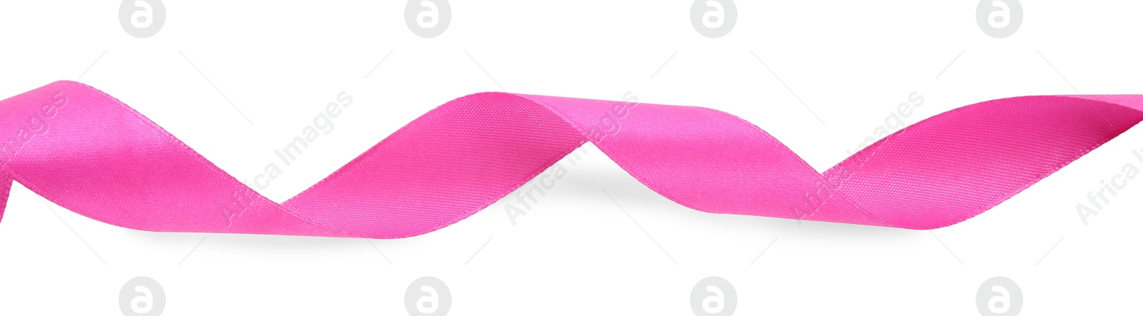Photo of One beautiful bright pink ribbon isolated on white, top view