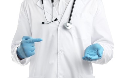 Photo of Doctor pointing at something on white background, closeup