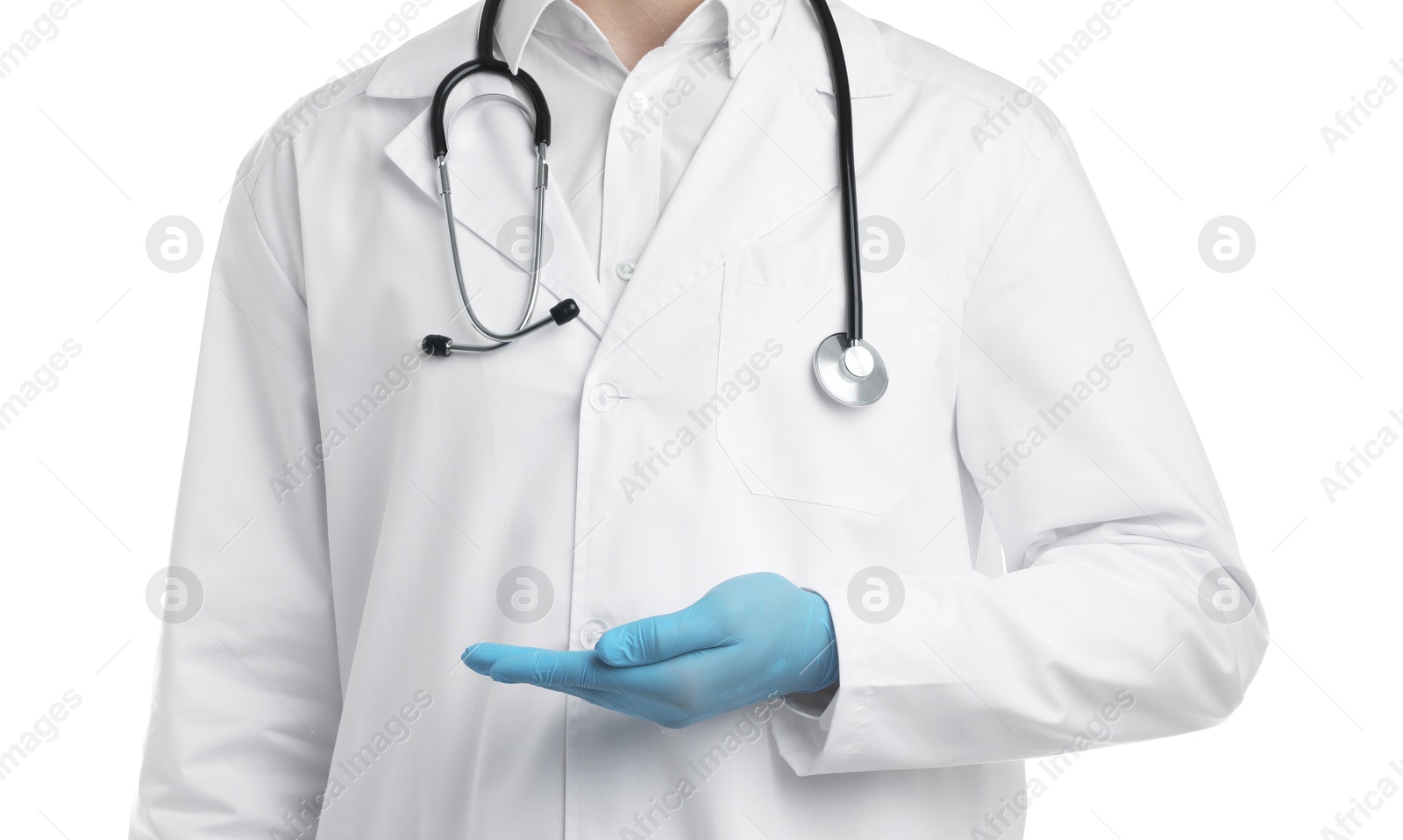 Photo of Doctor holding something on white background, closeup