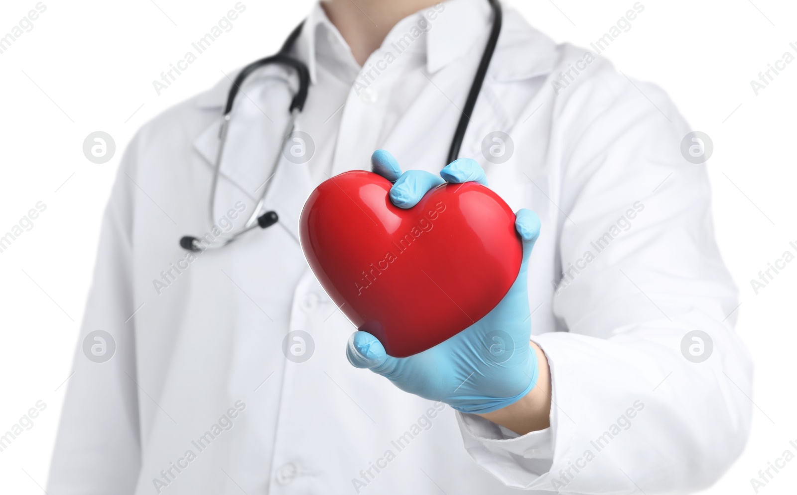 Photo of Doctor with red heart isolated on white, closeup