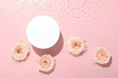 Beautiful rose flowers and round shaped podium in water on pink background, flat lay