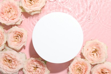 Beautiful rose flowers and round shaped podium in water on pink background, flat lay